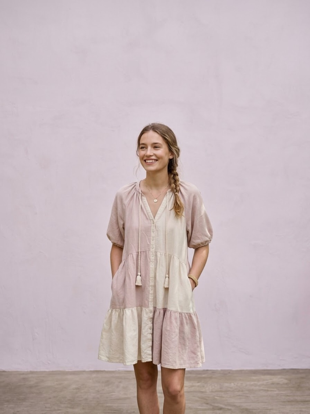 Dex Cottagecore Linen Blend Babydoll Mini Dress XS Boho Pink Colorblock